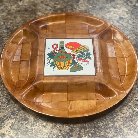 Veggie/Cheese Serving Tray/Plate-Parquet Wood/Tile Center-Retro-Vintage 1970's - Picture 2 of 6